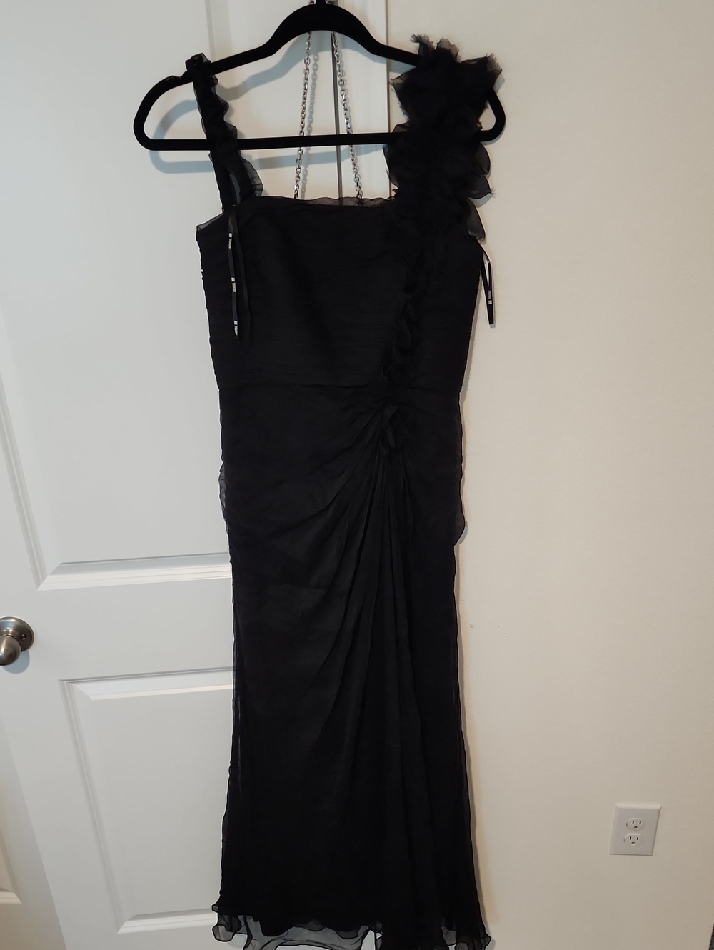 Tadashi Shoji Black One-Shoulder Ruffled Evening Gown